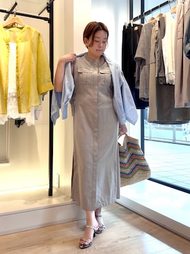「MICO COULIER（ミコクリエ）の麻調×リブ切替ワンピース（ワンピース、グレー系）」を使った、shiraさん（レディース・155cm）の夏コーディネート