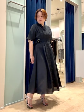 「MICO COULIER（ミコクリエ）のウエストベルトスキッパーワンピース（ワンピース、ブルー系）」を使った、shiraさん（レディース・155cm）の夏コーディネート