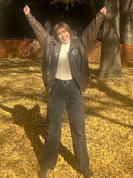 「アイテム（ライダースジャケット）」を使った、Yuinaさん（骨格ストレート・レディース・162cm）の冬コーディネート