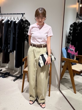 「NOLLEY’S（ノーリーズ）の【MAQWEL/マクウェル】ウォッシャブルCOTTON RIB 半袖Tシャツ（Tシャツ/カットソー、ピンク系）」を使った、ayakaさん（レディース・156cm）の春コーディネート