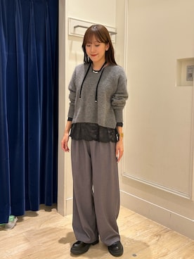 「NOLLEY’S Sophi（ノーリーズソフィ）の《セットアップ対応》ウォッシャブルウール混ツイルハイウエストワイドパンツ（その他パンツ）」を使った、ayakaさん（レディース・156cm）の冬コーディネート