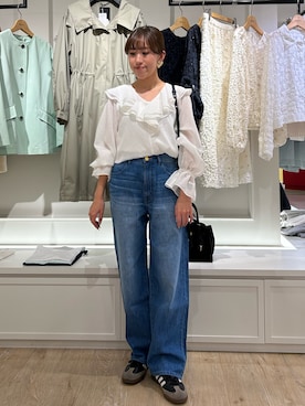 「NOLLEY’S（ノーリーズ）のウォッシャブルラッフルカラーブラウス（シャツ/ブラウス、ホワイト系）」を使った、ayakaさん（レディース・156cm）の春コーディネート