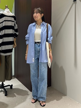 「MAQWEL（マクウェル）の【MAQWEL/マクウェル】ウォッシャブルストライプシャツ（シャツ/ブラウス、ブルー系）」を使った、ayakaさん（レディース・156cm）の春コーディネート