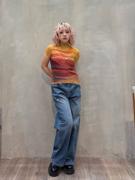 「Desigual（デシグアル）の【予約】ディズニー キュロットストレートデニム（デニムパンツ、ブルー系）」を使った、slinkyさん（レディース・150cm）の夏コーディネート