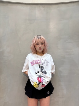 「Desigual（デシグアル）のミッキー グラフィックアシンメトリーTシャツ／ホワイト／ディズニー（Tシャツ/カットソー、ホワイト系）」を使った、slinkyさん（レディース・150cm）の夏コーディネート