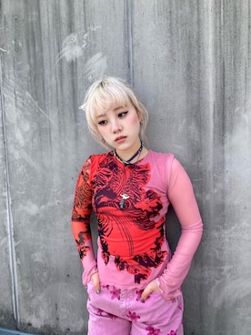 「Desigual（デシグアル）のビッグフラワーチュール長袖トップス（Tシャツ/カットソー、レッド系）」を使った、slinkyさん（レディース・150cm）の春コーディネート