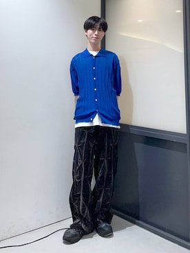 「LAND MUSEUM（ランドミュージアム）のLAND MUSEUM／ボタンカーディガン（カーディガン/ボレロ、ブルー系）」を使った、daikiis2さん（メンズ・177cm）の夏コーディネート