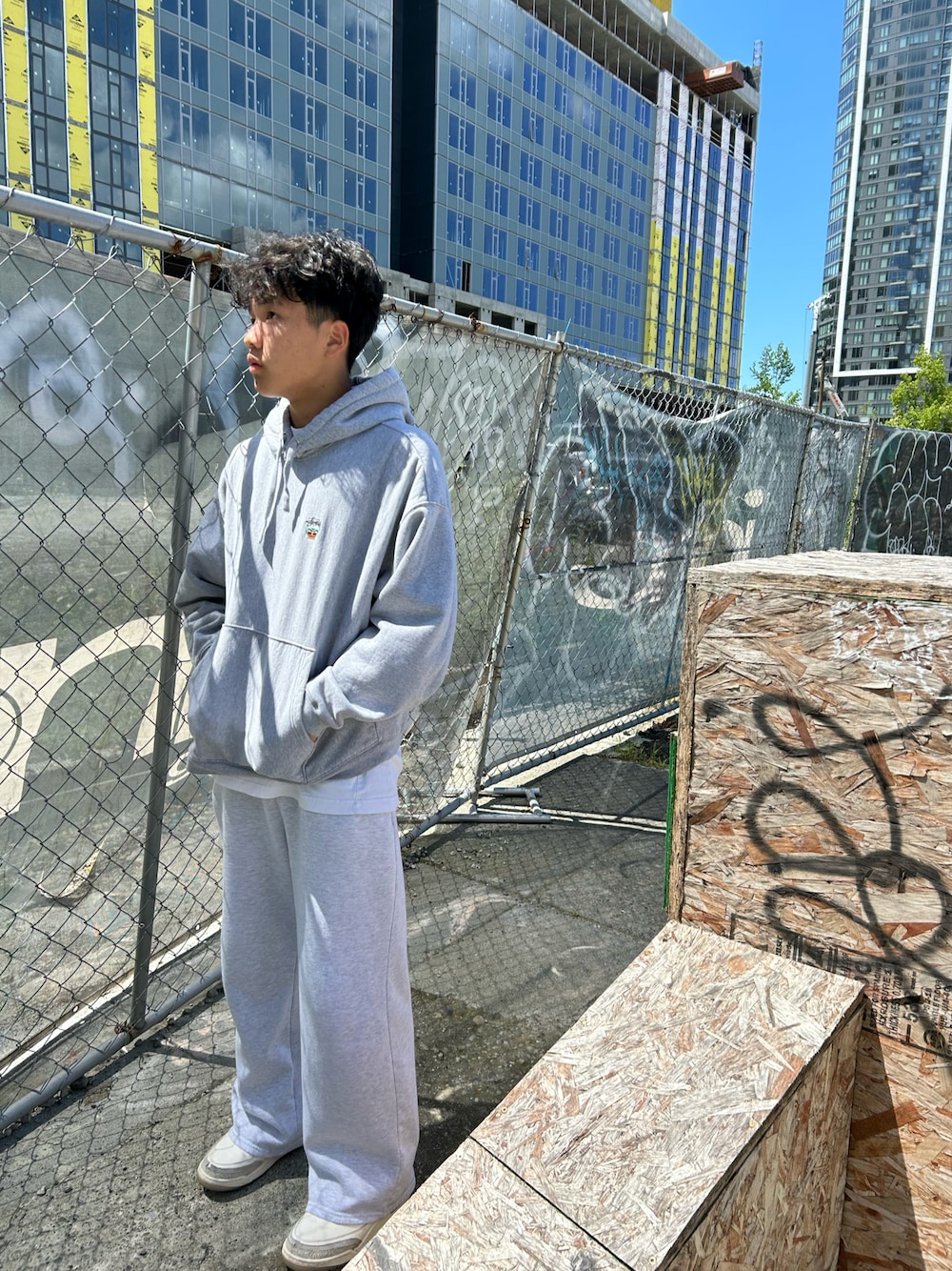 「オーバーサイズ」｜「STUSSYのSTUSSY/ステューシー RELAXED OVERSIZED HOOD フーディー パーカー（パーカー、グレー系）」を使った、milousaさん（骨格ストレート・キッズ・173cm）の夏コーディネートの1枚目の写真