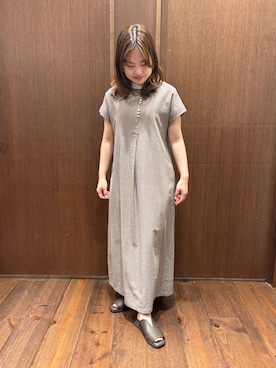 「NOMBRE IMPAIR（ノンブルアンペール）のTCサッカータータンストライプ　クレリックワンピース（One piece dress、ブラウン系）」を使った、suzuki.aさん（レディース・149cm）の夏コーディネート