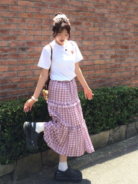 「LADY LIKE（レディライク）のミニチェック柄3段ティアードロングスカート（スカート）」を使った、ramuさん（レディース・166cm）の夏コーディネート