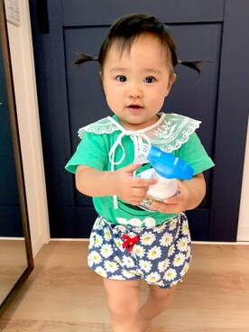 「アイテム（ママ＆ベビー、グリーン系）」を使った、こっきーさん（キッズ・70cm）の秋コーディネート