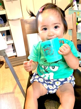 「アイテム（ママ＆ベビー、グリーン系）」を使った、こっきーさん（キッズ・70cm）の秋コーディネート