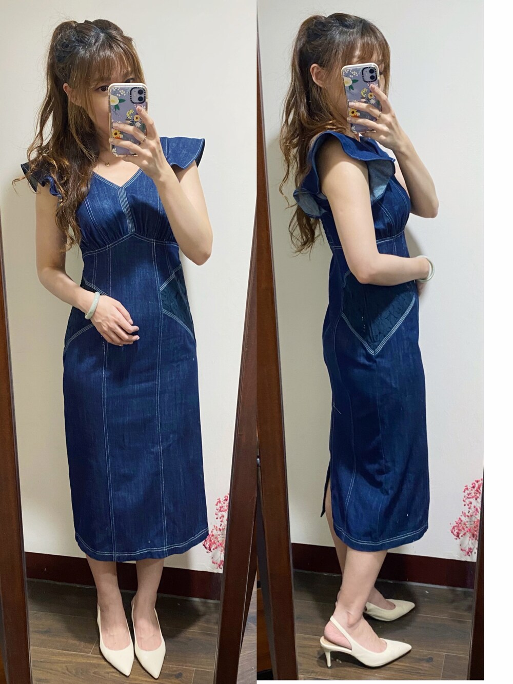 「ootd、夏、女人味、洋裝、丹寧」｜「Her lip toのアイテム（ワンピース、ブルー系）」を使った、Ni さん（レディース・163cm）の秋コーディネートの1枚目の写真