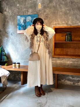 「Samansa Mos2（サマンサ モスモス）のシャーリングレース切替ブラウス（シャツ/ブラウス）」を使った、荼さん（レディース・156cm）の冬コーディネート