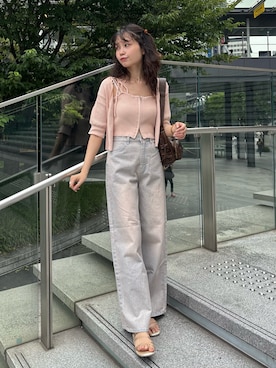 「ワイドパンツ」｜「アイテム（デニムパンツ、ピンク系）」を使った、wata【骨格ウェーブ／ブルベ夏】さん（レディース・158cm）の夏コーディネート