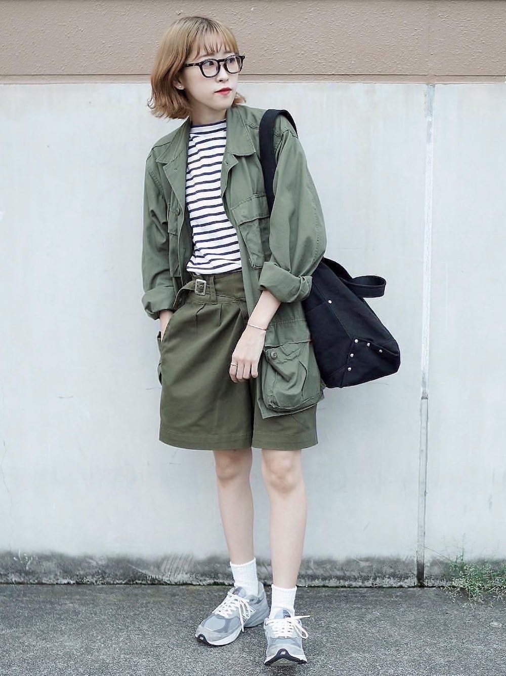 「秋コーデ、秋色、ラクチンコーデ、おしゃれさんと繋がりたい、シンプルコーデ、今日のコーデ、休日スタイル、高身長女子、古着MIX、ミリタリー、ボーダートップス、ニューバランス、セットアップ、グルカショーツ、セントジェームス」｜「SAINT JAMESのアイテム（Tシャツ/カットソー、ブルー系）」を使った、𝚛𝚒𝚜𝚊さん（レディース・161cm）の秋コーディネートの1枚目の写真