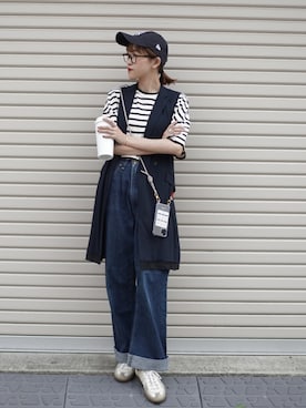 「R&D.M.Co OLDMAN’S TAILOR（オールドマンズテイラー）のアイテム（トップス）」を使った、𝚛𝚒𝚜𝚊さん（レディース・161cm）の夏コーディネート