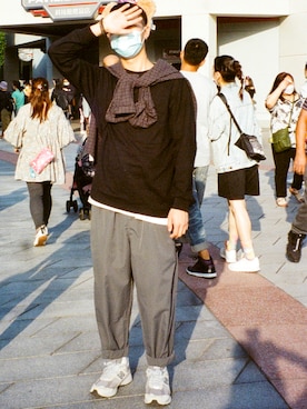 「GU（ジーユー）のアイテム（ノーカラージャケット）」を使った、irwinwonggggさん（メンズ・175cm）の冬コーディネート