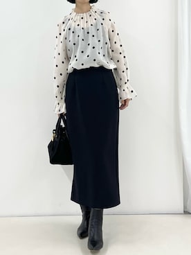 「NOLLEY’S（ノーリーズ）の《セットアップ対応》ウォッシャブルエアボールタイトスカート（スカート、ブラック系）」を使った、nol fujiwaraさん（レディース・167cm）の秋コーディネート
