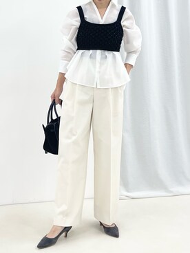 「NOLLEY’S（ノーリーズ）のウォッシャブル撥水ツイルチノパンツ（その他パンツ、ホワイト系）」を使った、nol fujiwaraさん（レディース・167cm）の夏コーディネート