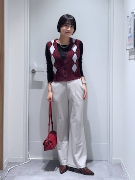 「GLOBAL WORK（グローバルワーク）のアーガイルモールベスト/1044418（ベスト、レッド系）」を使った、mnk1018さん（レディース・158cm）の秋コーディネート