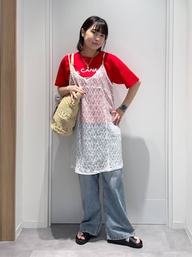 「GLOBAL WORK（グローバルワーク）のGOODデニムイージーパンツ/COOL/636569（デニムパンツ、ブルー系）」を使った、mnk1018さん（レディース・158cm）の夏コーディネート