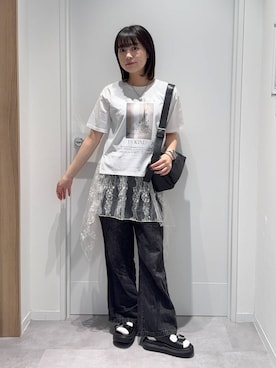 「GLOBAL WORK（グローバルワーク）のマルチレースベルトビスチェ/602505（その他トップス、ホワイト系）」を使った、mnk1018さん（レディース・158cm）の夏コーディネート