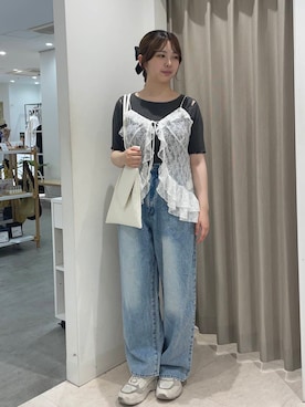 「KBF(ケイビーエフ)の『一部WEB限定カラー』『3サイズ展開』BIGポケットデザインデニム(デニムパンツ、ブルー系)」を使った、はなさん(レディース・163cm)の夏コーディネート