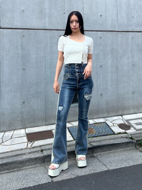 セール】ハートダメージハイウエストフレアパギンス（デニムパンツ