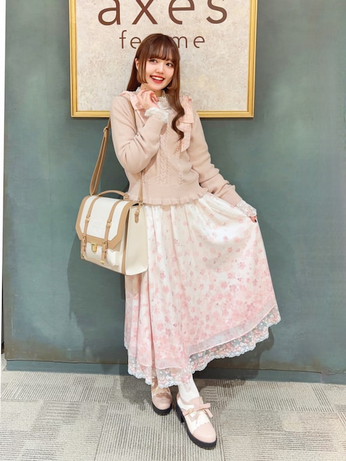 Axes Femme 桜 レース × 桜柄 ロング フレア スカート ピンク axes femme（アクシーズ ファム） スカート 桜レース×桜柄スカート