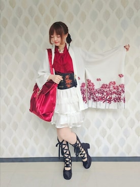「axes femme（アクシーズファム）の彼岸花柄羽織（カーディガン/ボレロ）」を使った、axes_staff_kurumiさん（レディース・159cm）の夏コーディネート