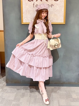 「axes femme（アクシーズファム）のストライプ柄ティアードワンピース（One piece dress、ピンク系）」を使った、くるみ❀.*ﾟさん（レディース・160cm）の夏コーディネート