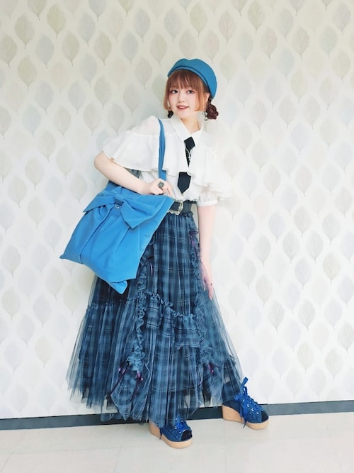 アクシーズファム スカート チェック ブルー axes femme（アクシーズファム）の「コルセット風チェック柄