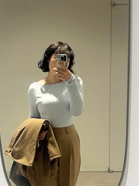 「FREAK'S STORE(フリークスストア)の<新色追加>コットンモダール ボ ートネックロンT(Tシャツ/カットソー、ブルー系)」を使った、AYAKAさん(レディース・163cm)の春コーディネート