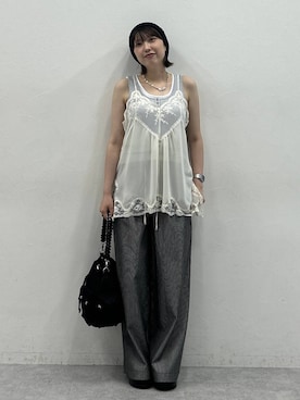 「JEANASIS（ジーナシス）のチェーンハンドルキンチャクBAG/1023355（ショルダーバッグ、ブラック系）」を使った、マリンさん（レディース）の夏コーディネート