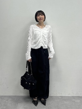 「JEANASIS（ジーナシス）のチェーンハンドルキンチャクBAG/1023355（ショルダーバッグ、ブラック系）」を使った、マリンさん（レディース）の夏コーディネート