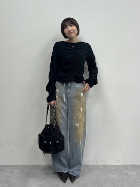 「JEANASIS（ジーナシス）のチェーンハンドルキンチャクBAG/1023355（ショルダーバッグ、ブラック系）」を使った、マリンさん（レディース）の夏コーディネート