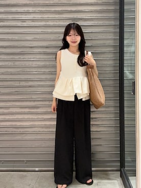 「CAPRICIEUX LE'MAGE（カプリシューレマージュ）の折り返しベルトパンツ（その他パンツ、ブラック系）」を使った、eba_lemageさん（レディース・159cm）の夏コーディネート