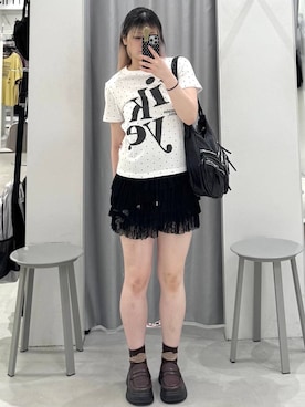 「3.3 Field Trip （3.3フィールドトリップ）の3.3 Field Trip／フリルレースショートパンツ(インパン付) 無地・ドット・レオパード・チェック（その他パンツ、ブラック系）」を使った、あすかさん（レディース）の夏コーディネート