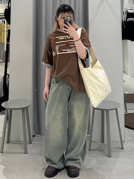 「3.3 Field Trip （3.3フィールドトリップ）の3.3 Field Trip／ストライプデニムパンツ（デニムパンツ、ブルー系）」を使った、あすかさん（レディース）の夏コーディネート