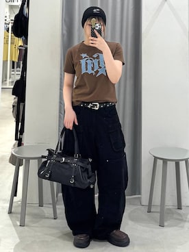 「HOODHOOD（フッドフッド）の【UNISEX】HOODHOOD／スターデニムアップリケTシャツ（Tシャツ/カットソー、ブラウン系）」を使った、あすかさん（レディース）の夏コーディネート