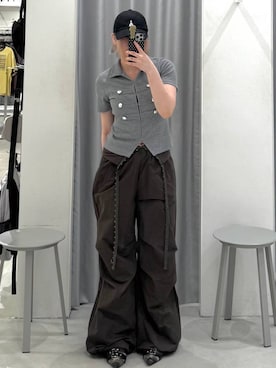 「3.3 Field Trip （3.3フィールドトリップ）の3.3 Field Trip／ナポレオンデザインホックショートスリーブトップス（Tシャツ/カットソー、グレー系）」を使った、あすかさん（レディース）の夏コーディネート