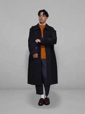 「EMMA CLOTHES（エマクローズ）のアイテム（ステンカラーコート）」を使った、xo.takahiroさん（メンズ・174cm）の冬コーディネート