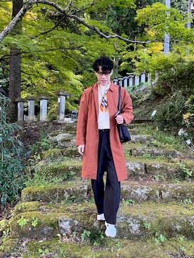 「アイテム（ステンカラーコート、ブラウン系）」を使った、xo.takahiroさん（メンズ・174cm）の秋コーディネート