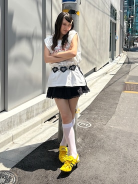 「w closet（ダブルクローゼット）のハートリングベルト（Belt、ブラック系）」を使った、みうさん（レディース・152cm）の夏コーディネート