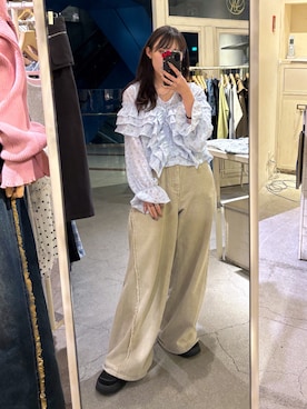 「w closet（ダブルクローゼット）のフリンジバギーデニムパンツ（デニムパンツ、ベージュ系）」を使った、みうさん（レディース・152cm）の春コーディネート