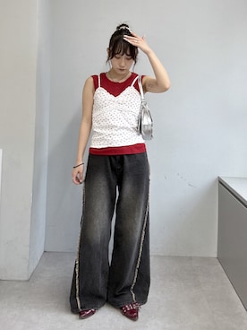 「w closet（ダブルクローゼット）のキャミセットタンク（Tank tops、レッド系）」を使った、みうさん（レディース・152cm）の夏コーディネート