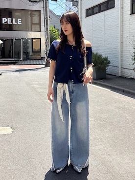 「w closet（ダブルクローゼット）の【5色展開】ホルタードッキングレイヤードニットT（ニット/セーター、ブルー系）」を使った、みうさん（レディース・152cm）の春コーディネート