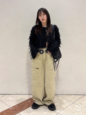 「w closet（ダブルクローゼット）のフリンジ前リボンボレロ（シャツ/ブラウス、ブラック系）」を使った、みうさん（レディース・152cm）の春コーディネート