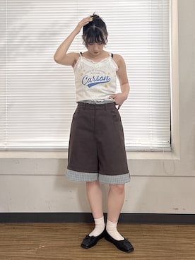 「w closet（ダブルクローゼット）のロゴレースキャミソール（T Shirts、ホワイト系）」を使った、みうさん（レディース・152cm）の夏コーディネート